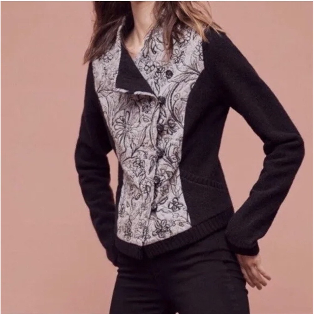 Knitted & Knotted‎ Floral Embroidered Cardigan Jacket Women Small Black Gray